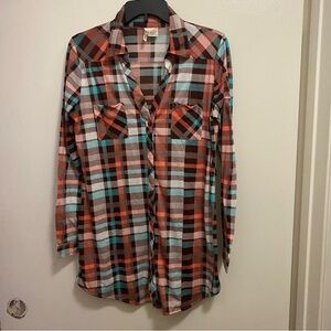 Bassport Womens Plaid Flannel Button Down Shirt L Large 40”  Orange Brown & Blue
